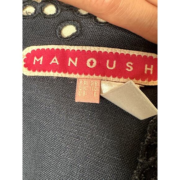 Manoush Dk Blue 100% Linen Sleeveless Scalloped Edge Pockets W. Bow Dress Size 6 - Picture 6 of 8